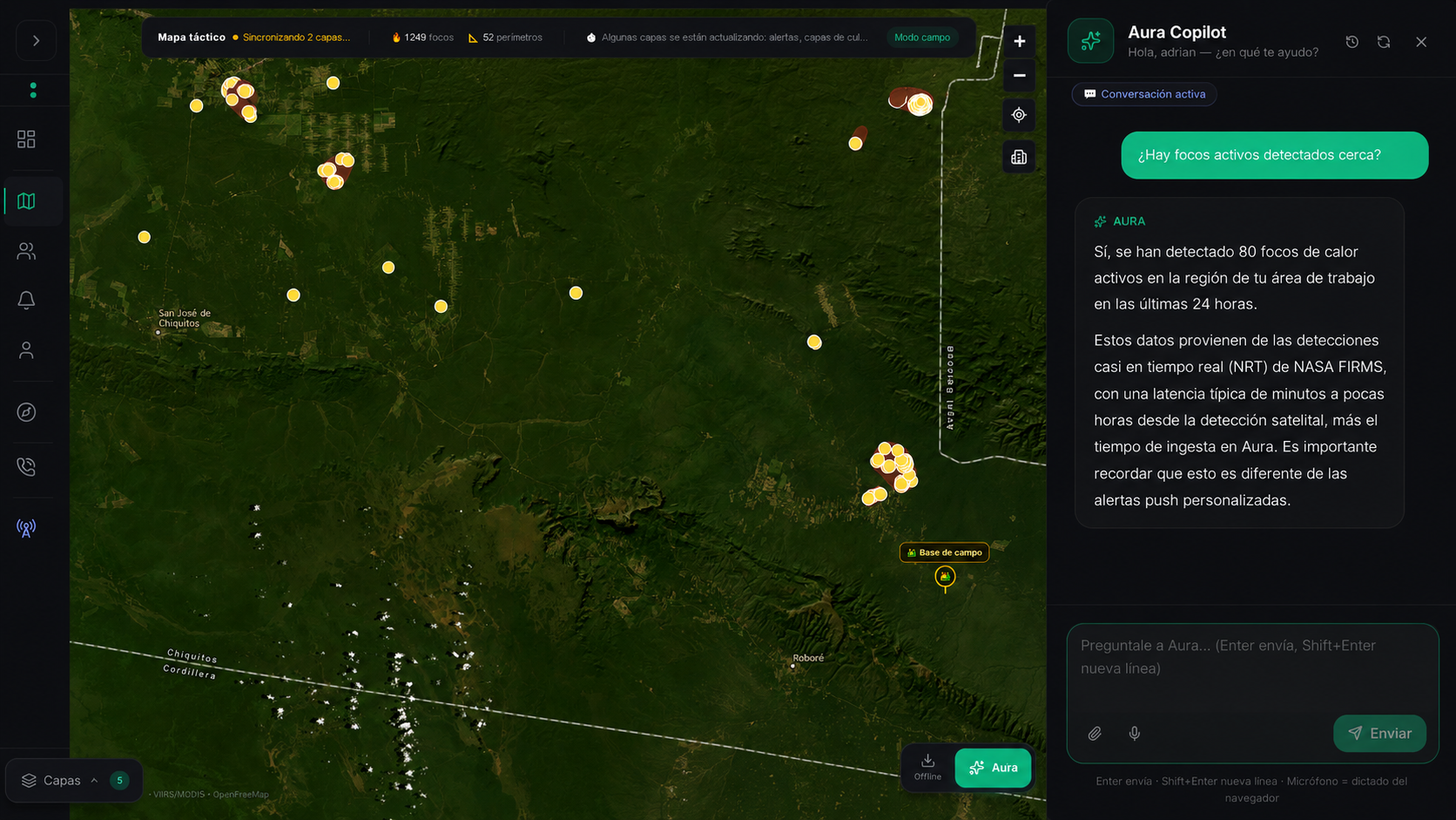 Aura Copilot respondiendo con datos del mapa