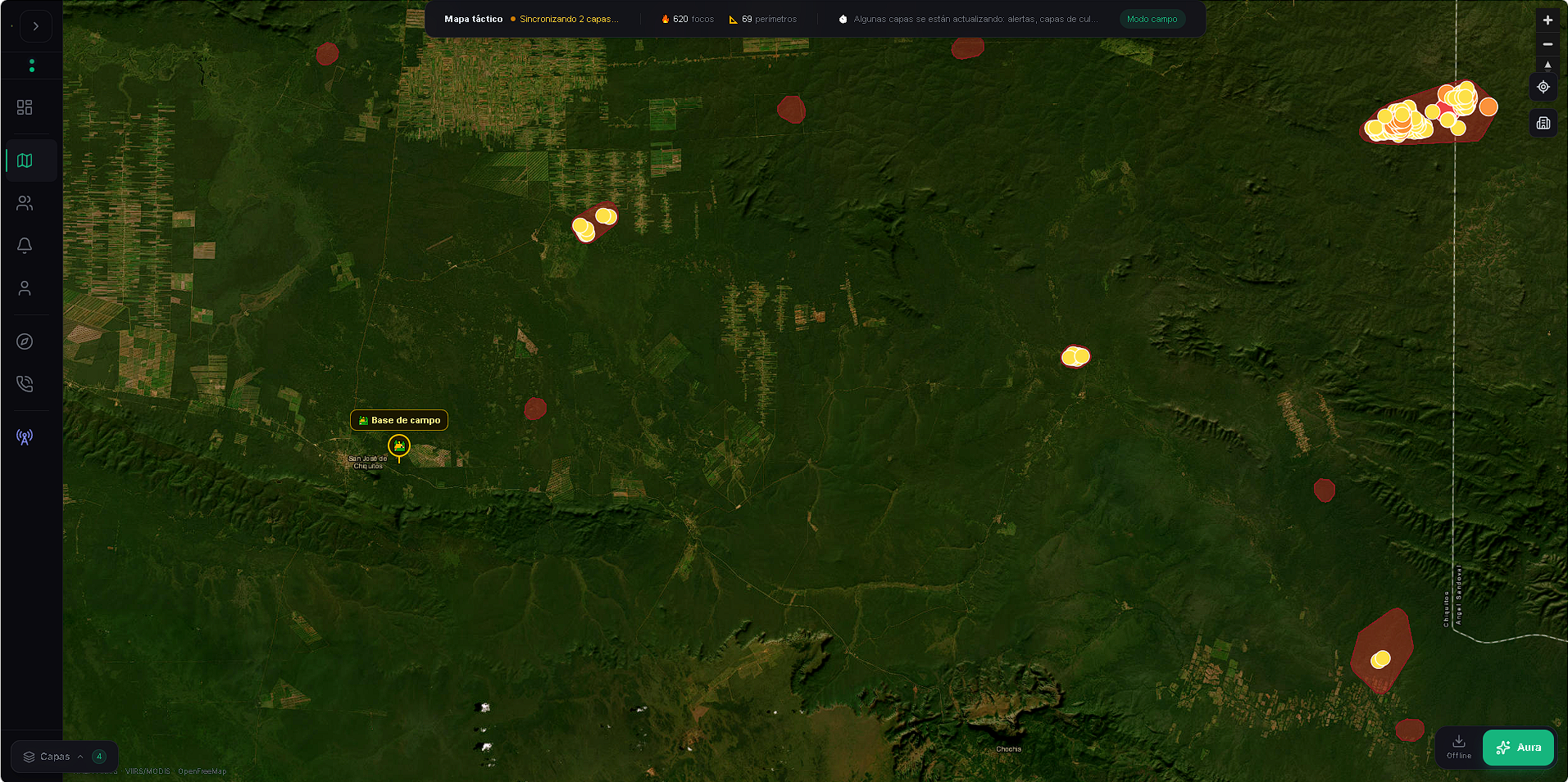 Mapa táctico Aura con focos FIRMS en Chiquitanía